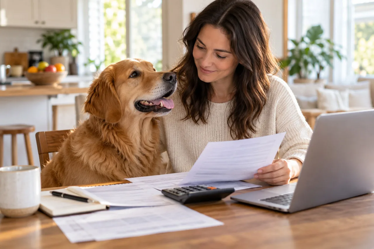 Owner reviewing paperwork beside a dog