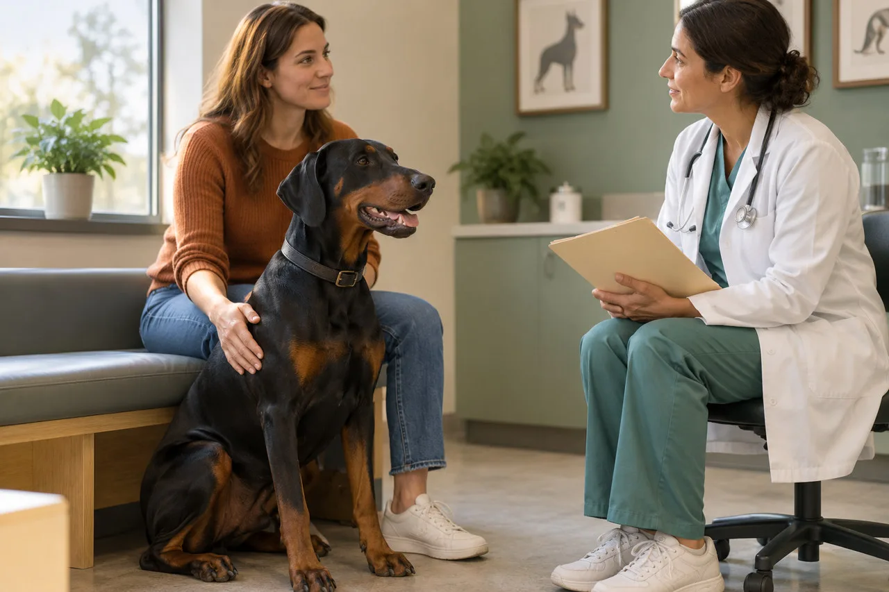 Doberman sitting beside its owner during an illustrative veterinary conversation